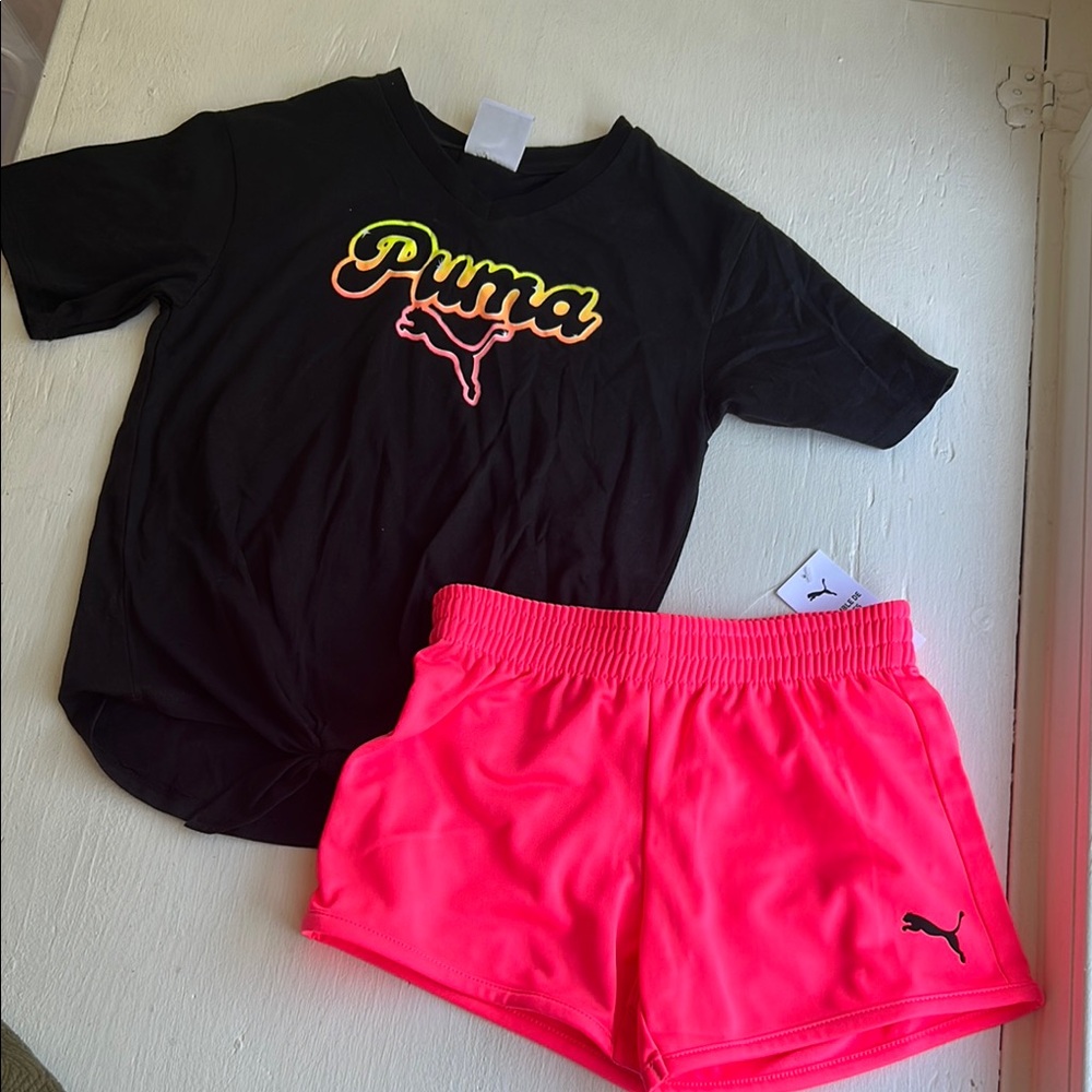 Puma Black Tee and Bright Pink Shorts Set